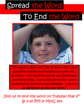 This flyer for the “End the Word” campaign features Joey Busch, brother of St. Thomas senior John Busch, one of the campaign organizers.