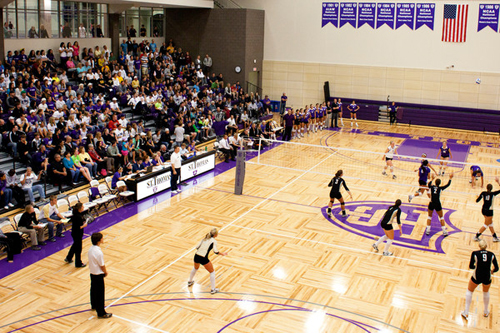 The Tommies began their home volleyball season in the new Schoenecker Arena, in the Anderson Athletic and Recreation Complex, on Sept. 15, with a loss to St. Olaf (pictured here), and wrapped up its play in the arena for 2010 against the same St. Olaf team. But this time the Tommies won to advance to the national tournament. / <i>Photo by Tom Whisenand</i>