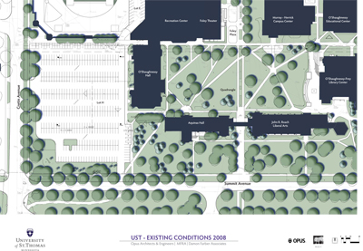 Here is the site plan of the lower quadrangle before the demolition of Schoenecker Arena, Foley Theater and Coughlan Field House in 2009 and O’Shaughnessy Hall in 2010.