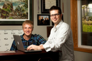 Derek Buschow, left, and Jeremiah Messerer, founders of Hyier.com, were the winners of the Fowler Business Challenge in 2009. / <i>Photo by Thomas Whisenand.</i>