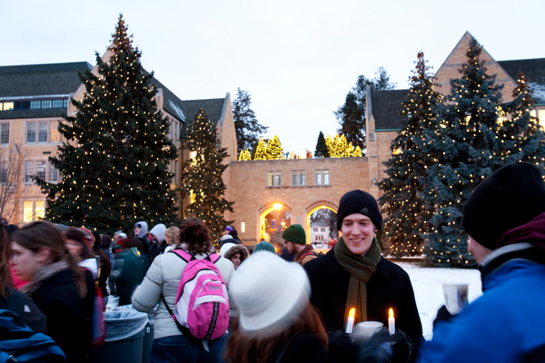 The Christmas tree- and crèche-lighting ceremony is an annual tradition on the St. Paul campus of the University of St. Thomas.