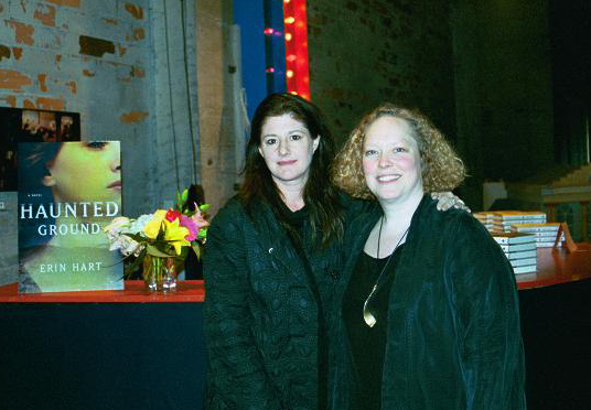 Hart (right) with her agent, Sally Wofford-Girand, at the book launch for Haunted Ground, November 2003. Photo courtesy of Hart.