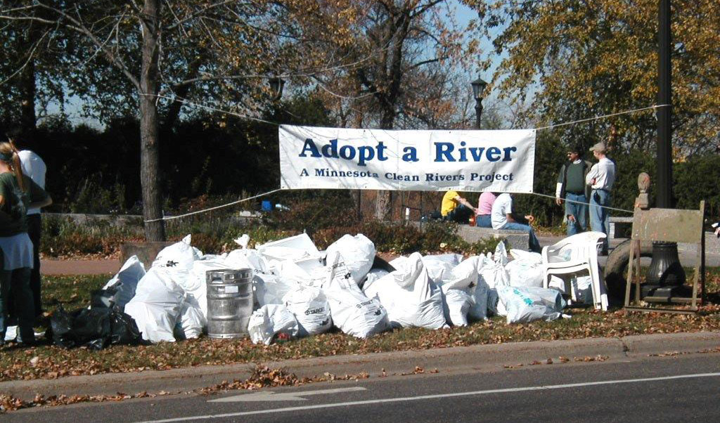 The trash bounty of the fall 2003 Mississippi River cleanup, including found beer keg, far left.