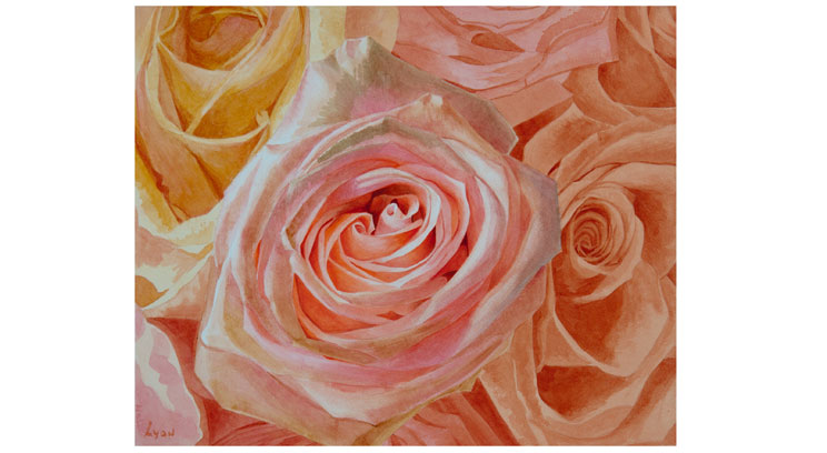 This painting of roses by Charles Lyon of Minneapolis  is one of more than 50 works of botanical art now on display in the lobby gallery of O'Shaughnessy Educational Center.