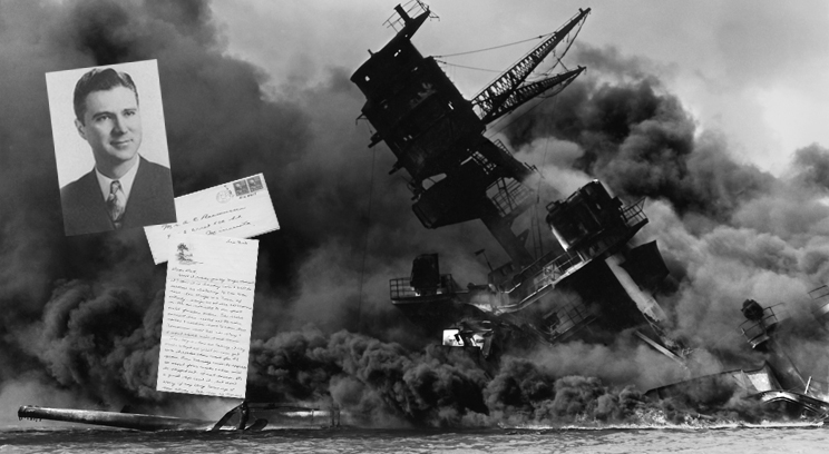 After attending the College of St. Thomas for three years, Harry Rasmussen was in the U.S. Army and stationed in San Diego, Calif., on Dec. 7, 1941, the day Pearl Harbor was attacked. That evening he wrote a letter to his father. He returned to St. Thomas after WW II. That historic letter and his four yearbooks were recently delivered to St. Thomas.  (Inset: Rasmussen and his letter.)