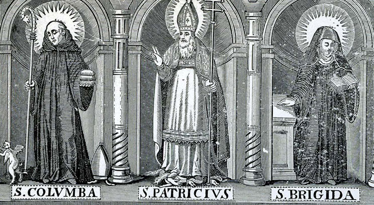 Saints Columba, Patrick and Bridget as they appear in "The Most Ancient Lives of Saint Patrick," by James O'Leary. Published in New York, 1904.