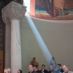A beam of light shines into the back of St. Mary's Chapel.  Prior to the presentation of certificates to the graduating class of the Archbishop Harry J. Flynn Catechetical Institute, Archbishop Nienstedt conducted a mass in St. Mary's Chapel. Photo taken on May 15, 2011.