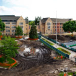 The lower quad is shown under reconstruction June 16, 2011. Buildings from left include: O'Shaughnessy-Frey Library, John Roach Center for the Liberal Arts, Aquinas Hall, the under-construction Anderson Student Center.This image is a panoramic stitched together from the following images.110616mde320_005 through 017.
