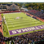 The 2011 crowd was estimated at 10,425, a record in UST's O'Shaughnessy Stadium. Temporary bleachers filled one end zone (foreground here). In 2012 the Tommies will attempt to build their first three-game win streak in the Tommie-Johnnie series since they did it in 1954-57. (Photo by Thomas Whisenand)