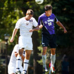 Nick Rapisarda goes after the ball during a men's soccer game against the University of Minnesota Morris on Sept. 9, 2012 on the South Athletic Fields. The Tommies won 2-0. (Photo by Mike Ekern '02)