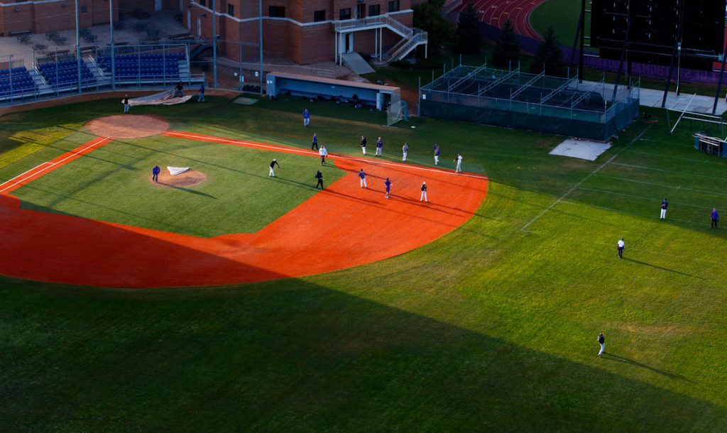 The baseball team practices on Koch Diamond as seen from a helicopter. (Photo by Mike Ekern)