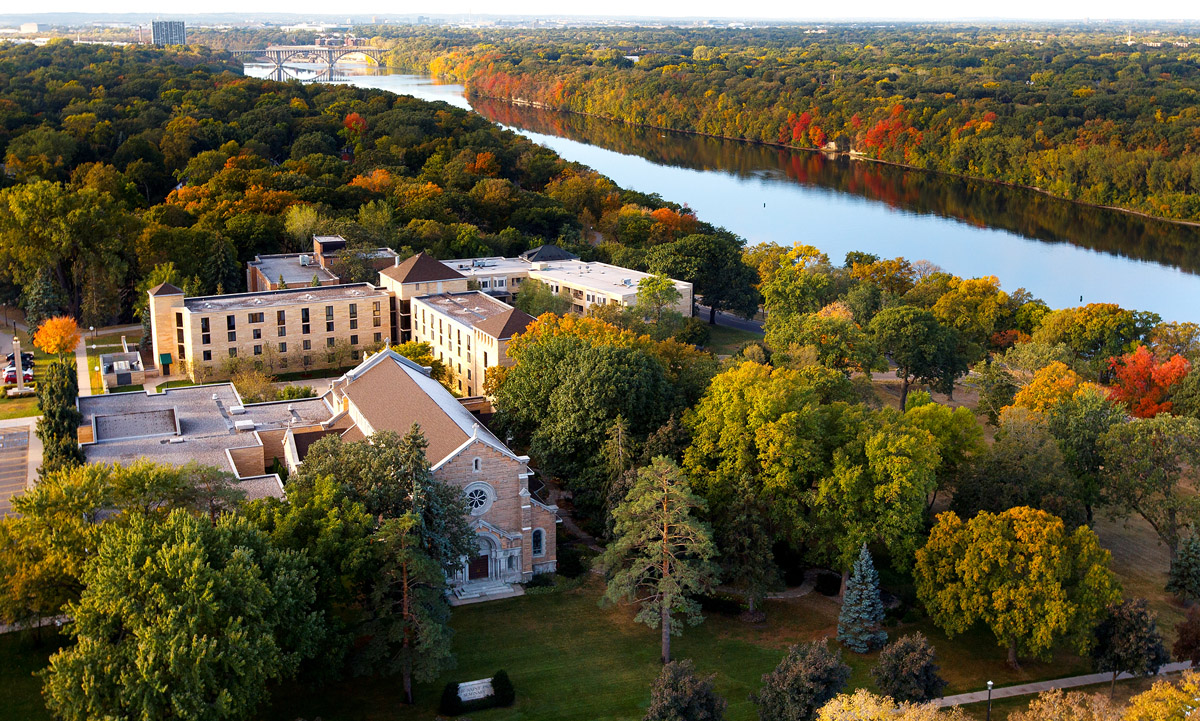 St. Mary's Chapel, the Byrne Residence (far background) and the St. Paul Seminary and School of Divinity are seen with the Mississippi River in this aerial view, taken September 23, 2012. The Ford Bridge is in the background.