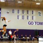 Jill Greenfield serves during a volleyball game against Concordia-Moorhead Oct. 2, 2012 in Schoenecker Arena. The Tommies won 3-0. (Photo by Mike Ekern '02)