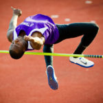 Eyo Ekpo competes in the high jump during the men's MIAC outdoor track and field championship on May 10, 2013 in O'Shaughnessy Stadium. The Tommie men took first place. (Photo by Mark Brown)
