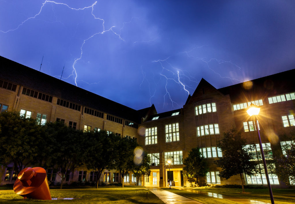 Lightning flashes over the Frey Science and Engineering Center Oct. 2. (Photo by Mark Brown)