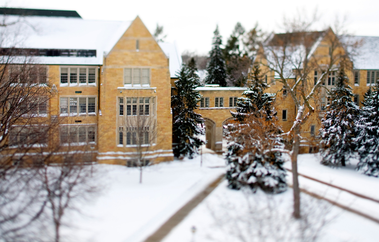 Mankato stone provides a warm contrast to the snow. (Photo by Mike Ekern '02)