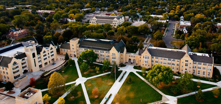 From right: Aquinas Hall, the John Roach Center for the Liberal Arts, O'Shaughnessy-Frey Library and McNeely Hall are all covered in stone mined by Mankato Kasota Stone Inc. (Photo by Mike Ekern '02)