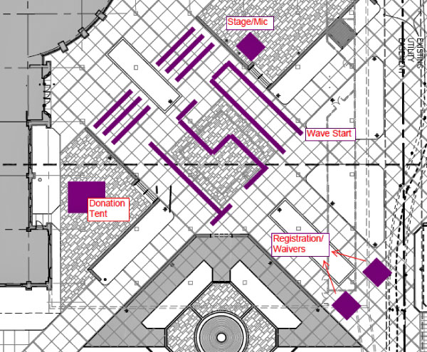 Diagram for the Sept. 4 ALS Ice Bucket Challenge at St. Thomas. The Anderson Student Center is in the upper-left-hand corner; the plaza fountain is at the bottom. 