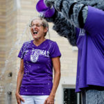Tommie the Mascot pours ice water on President Julie Sullivan to kick off UST's mass "ALS Ice Bucket Challenge" (Photo by Mike Ekern '02)