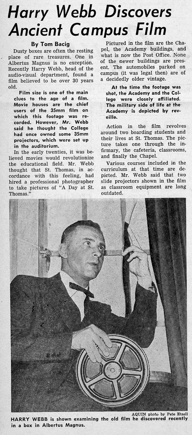 An article from the October 21, 1955 Aquin highlights how Harry Webb discovered an "ancient campus film." (Click to see the article at a larger size)