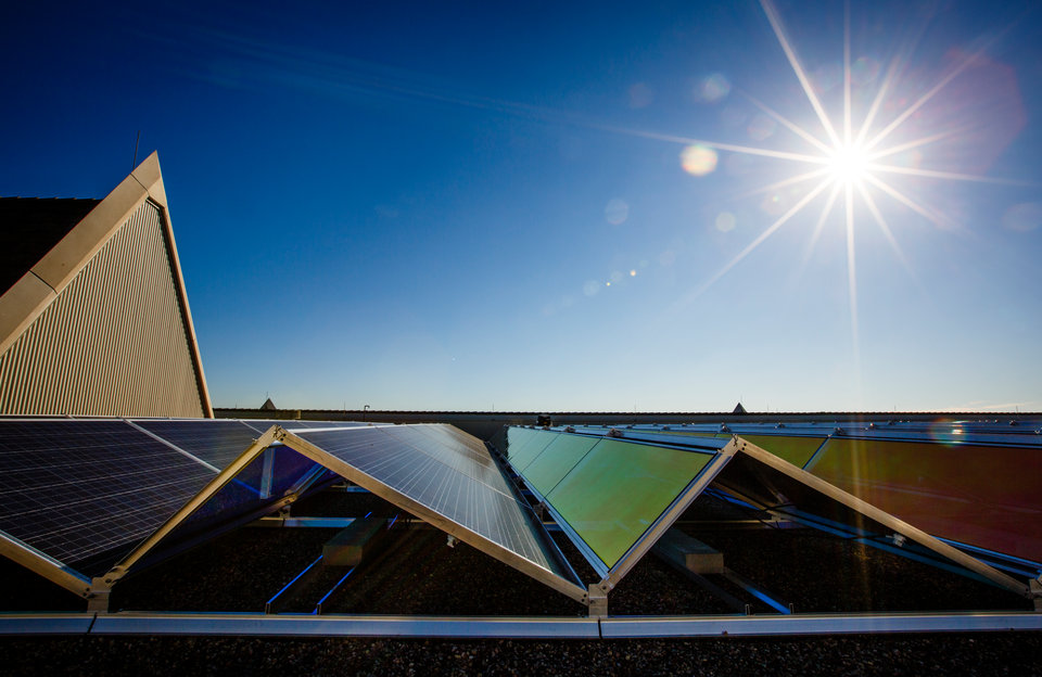 New solar panels on the roof of the Anderson Student Center are shown October 9, 2014.