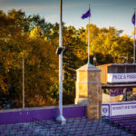 A quiet O'Shaughnessy Stadium backed by fall leaves. (Photo by Mike Ekern '02)