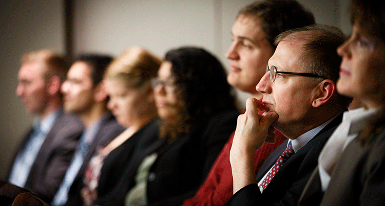 Thomas C. Berg, school of law professor, and students listen as the Minnesota Supreme Court hears the State of Minnesota v. Clarence Bruce Beaulieu in the Frey Moot Courtroom on April 1, 2014 at the School of Law in downtown Minneapolis.