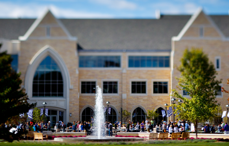 Students fill the John P. Monahan Plaza in front of the Anderson Student Center September 18, 2012. The fountain is featured and the out-of-focus effect is caused by the use of a tilt-shift lens.