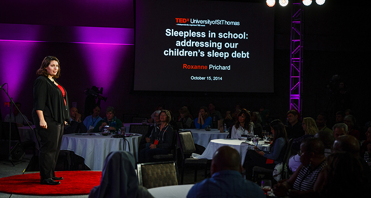 St. Thomas psychology professor J. Roxanne Prichard delivers her speech, "Sleepless in School: Addressing Our Children's Sleep Debt," during the TEDx University of St. Thomas event October 15, 2014 in the Anderson Student Center's Woulfe Alumni Hall. The university's event was hosted by the College of Education, Leadership and Counseling and focused on reimagining education.