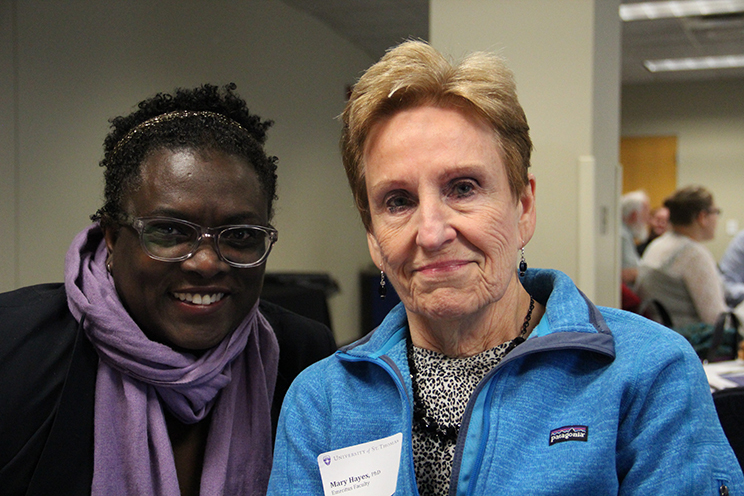 Dr. Beryl Wingate ’99, and Dr. Mary Hayes, Emeritus Faculty pictured at the Graduate School of Professional Psychology First Annual Networking Event on November 8, 2014 in Opus Hall at the University of St. Thomas.