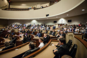People attend a presentation given by Richard Davis, 2015 Opus Distinguished Speaker, in Schulze Auditorium on May 12, 2015.