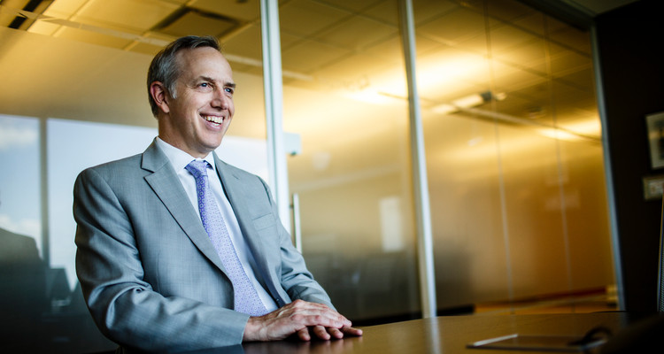 University of St. Thomas Trustee Brian Wenger, executive vice president and chief legal officer of Optum, talks during a trustee profile interview on August 3, 2015, in his office in Eden Prairie.