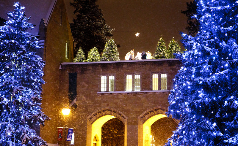 The Arches amidst snow, pine trees with lights, and the Nativity Scene are shown the night of December 20, 2010.