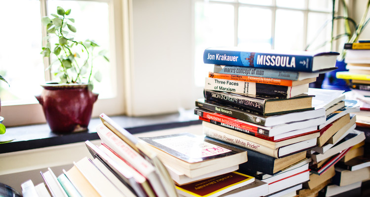 A large stack of books sit on shelves and the floor in Sociology and Criminal Justice Professor Lisa Waldner's office in the John R. Roach Center for the Liberal Arts on August 13, 2015. The books were temporarily stacked while awaiting new shelving. These images were taken for CAS Spotlight Magazine.