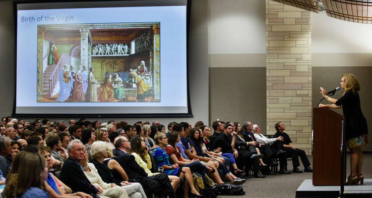 Art History professor Elizabeth Lev delivers her speech on "Michelangelo's Women" September 14, 2015 in the Anderson Student Center's Woulfe Alumni Hall.