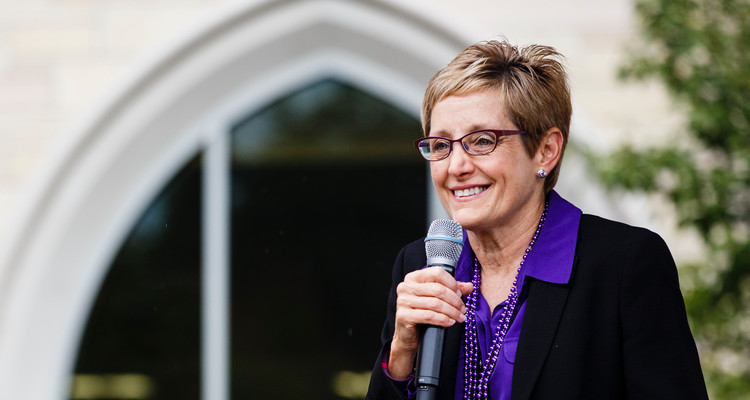 UST President Julie Sullivan speaks on the John P. Monahan Plaza September 24, 2015, during a Pep Rally for the annual University of St. Thomas vs. Saint John's University Tommie Johnnie football game. The rally was filmed by ESPN's national sports television show ESPN SportsCenter On the Road.