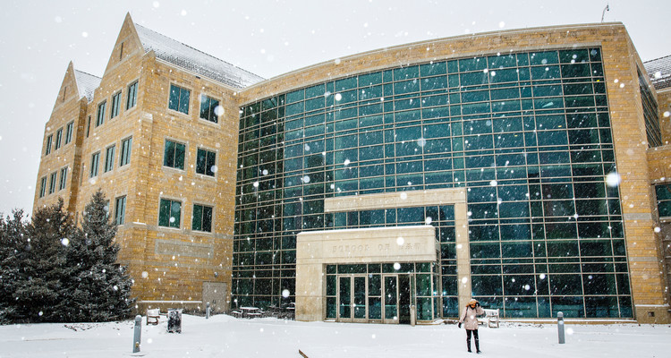 The School of Law building is pictured on March 3, 2015, in downtown Minneapolis during a late winter snowfall.