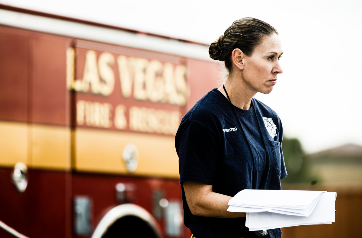 Thatcher keeps an eye on recruits at the Las Vegas Fire Department Training Center in Las Vegas, Nevada.