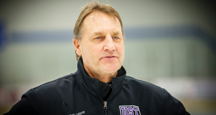 Head Coach Jeff Boeser is pictured after the MIAC Championship hockey game against Gustavus Adolphus College at the St. Thomas Ice Arena in Mendota Heights on March 8, 2014. The Tommies won the game and the MIAC Championship title by a final score of 2-1.