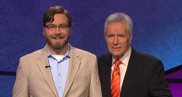 Peter Buccholz '07 M.A. (left) with Alex Trebek, longtime host of television game show Jeopardy!