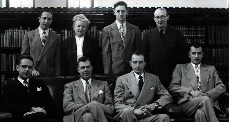 Members of the Biology Department faculty at the College of St. Thomas, 1951. Front row (l-r): John McMillan, William Larson, Frank Ramisch, Paul Germann. Back row (l-r): Carmelo Privera, Mary Keefe, John Asselin, Joseph Reuter. Miss Keefe was the first female appointed as a full-time, tenure eligible faculty member at the College.