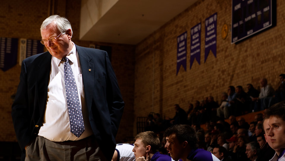 Head coach Steve Fritz winces at a botched play during a men's basketball game against Bethel February 11, 2009 in Schoenecker Arena. The Tommies overcame a 14 point deficit to win 75-72.
