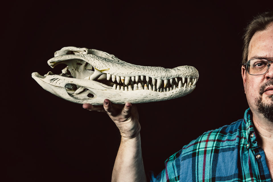 St. Thomas English Professor Gordon Grice holds an alligator skull in this studio portrait taken October 6, 2016. These photos were taken to accompany a story about Grice's book, The Book of Deadly Animals.