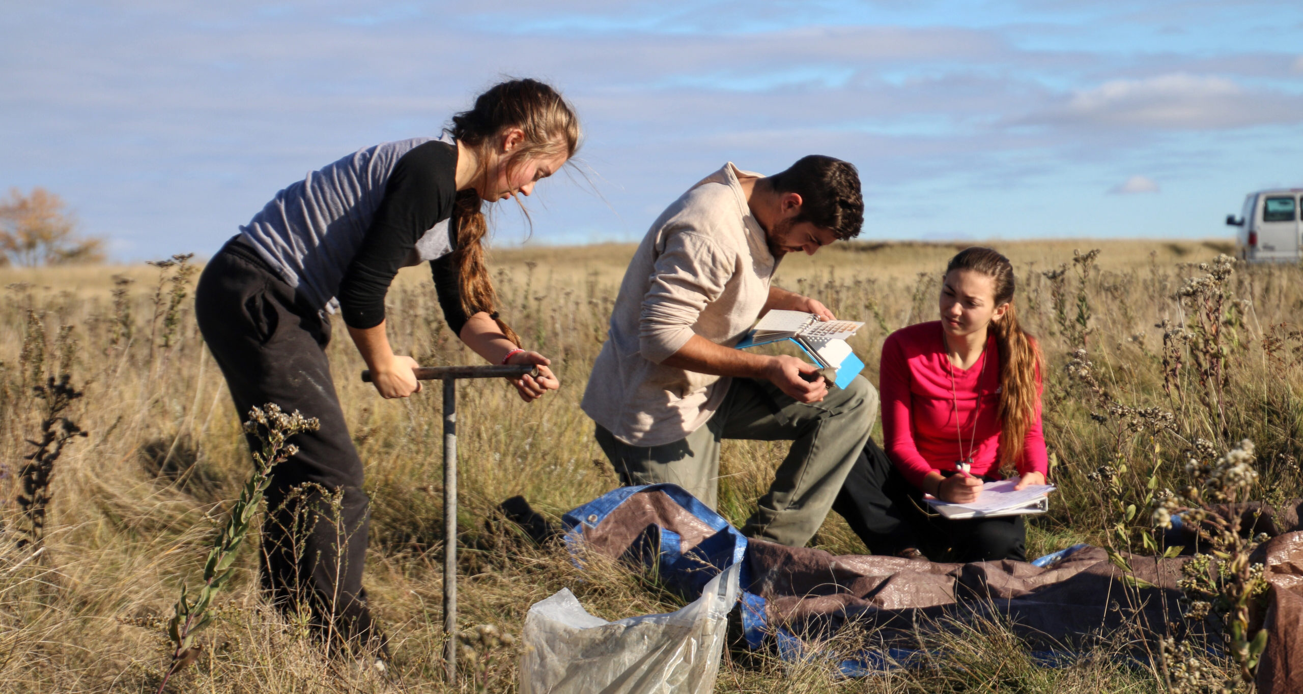 Students Shayna Thostenson, Jack Kellner and Sarah Howe record soil samples in October 2016 at The Nature Conservancy's John E. Williams Preserve. Photo by Noelle Laske '20.