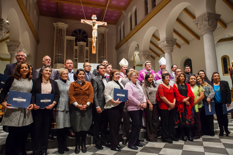 All the graduates, bishops, priests, and President Sullivan at St. Mary's Chapel for the Hispanic Lay Ministry Completion Ceremony on December 20, 2016.