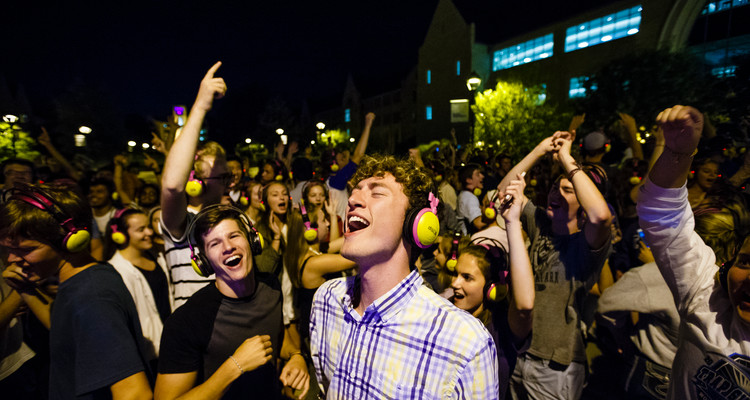 Students dance during headphone disco September 3, 2016 on the John P. Monahan Plaza.