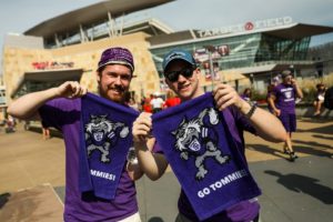 "Go Tommies" towels were a common sight on the plaza before kickoff and in Target Field during the Tommie-Johnnie game.