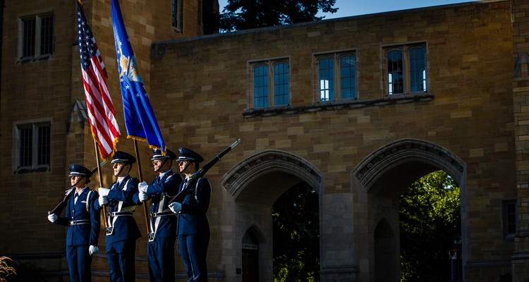Members of the Air Force ROTC color guard hold the American and Air Force flags. The new Veterans Resource Center opens on campus Nov. 10.