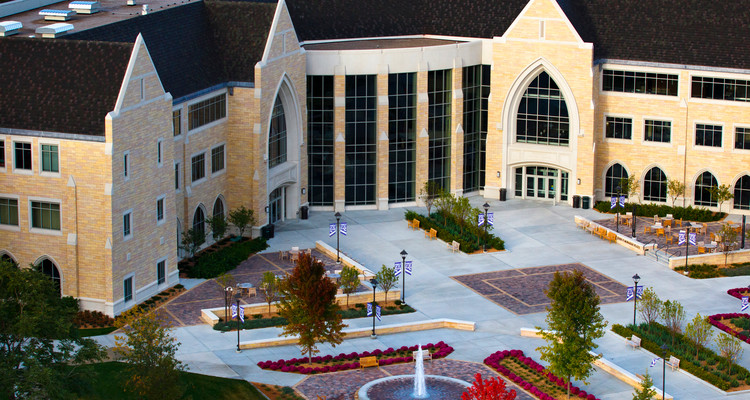 An aerial view of the Anderson Student Center, John P. Monahan Plaza, and the fountain. Taken September 23, 2012.