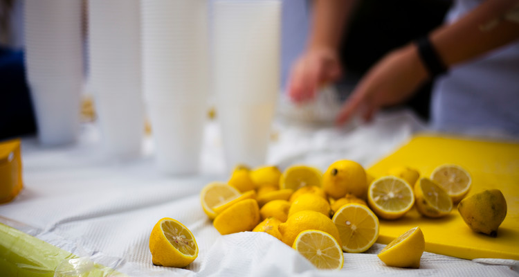 Cut-up lemons sit on a clothed table.